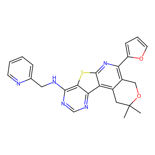 5-(furan-2-yl)-2,2-dimethyl-N-(pyridin-2-ylmethyl)-1,4-dihydro-2H-pyrano[4'',3'':4',5']pyrido[3',2':4,5]thieno[3,2-d]pyrimidin-8-amine structure