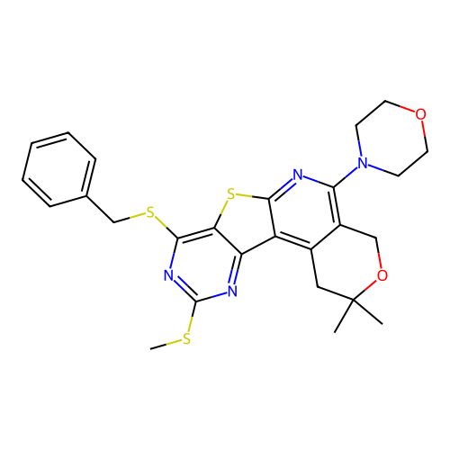 8-(benzylsulfanyl)-2,2-dimethyl-10-(methylsulfanyl)-5-(morpholin-4-yl)-1,4-dihydro-2H-pyrano[4'',3'':4',5']pyrido[3',2':4,5]thieno[3,2-d]pyrimidine structure
