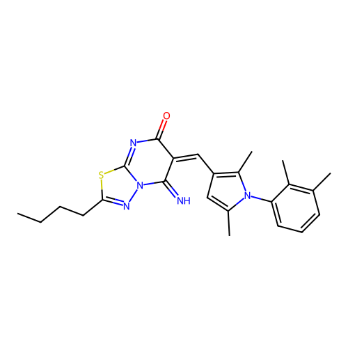 (6E)-2-butyl-6-[[1-(2,3-dimethylphenyl)-2,5-dimethylpyrrol-3-yl]methylidene]-5-imino-[1,3,4]thiadiazolo[3,2-a]pyrimidin-7-one structure