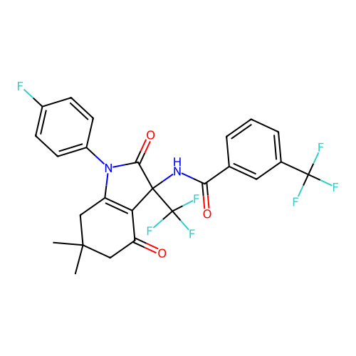 N-(1-(4-fluorophenyl)-6,6-dimethyl-2,4-dioxo-3-(trifluoromethyl)-2,3,4,5,6,7-hexahydro-1H-indol-3-yl)-3-(trifluoromethyl)benzamide structure
