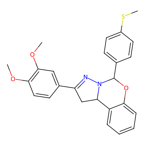2-(3,4-dimethoxyphenyl)-5-(4-(methylthio)phenyl)-5,10b-dihydro-1H-benzo[e]pyrazolo[1,5-c][1,3]oxazine structure