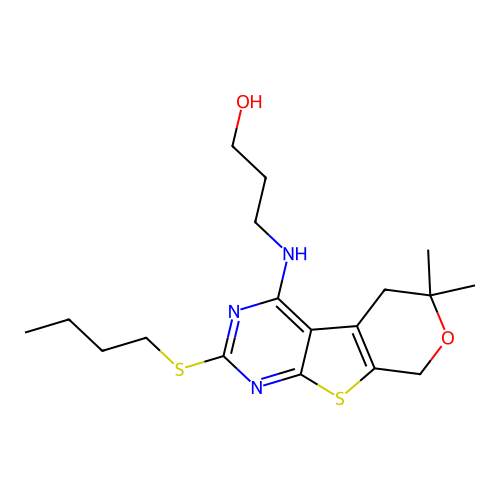 3-((2-(butylthio)-6,6-dimethyl-6,8-dihydro-5H-pyrano[4',3':4,5]thieno[2,3-d]pyrimidin-4-yl)amino)propan-1-ol structure