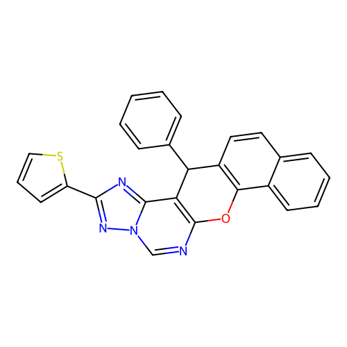 14-phenyl-2-(thiophen-2-yl)-14H-benzo[7,8]chromeno[3,2-e][1,2,4]triazolo[1,5-c]pyrimidine structure