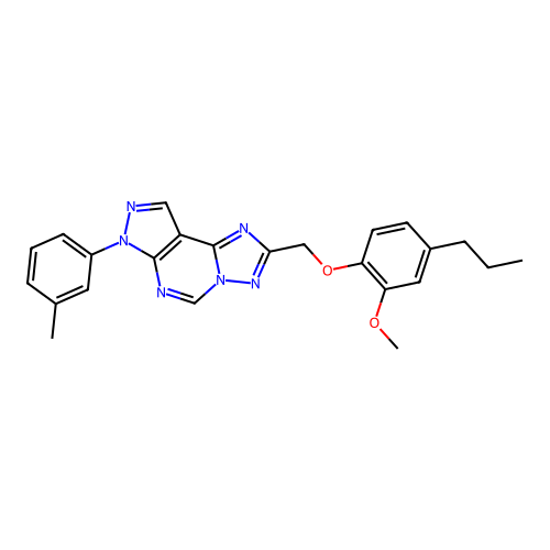 2-((2-methoxy-4-propylphenoxy)methyl)-7-(m-tolyl)-7H-pyrazolo[4,3-e][1,2,4]triazolo[1,5-c]pyrimidine structure