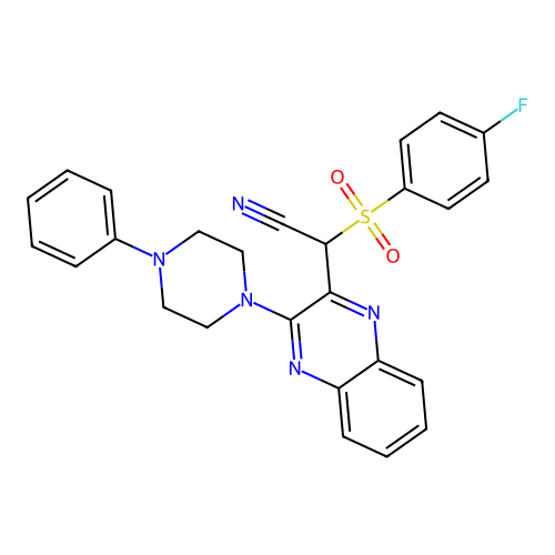 2-(4-fluorophenyl)sulfonyl-2-[3-(4-phenylpiperazin-1-yl)quinoxalin-2-yl]acetonitrile structure