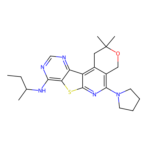 N-(butan-2-yl)-2,2-dimethyl-5-(pyrrolidin-1-yl)-1,4-dihydro-2H-pyrano[4'',3'':4',5']pyrido[3',2':4,5]thieno[3,2-d]pyrimidin-8-amine structure