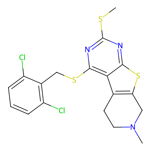 4-((2,6-dichlorobenzyl)thio)-7-methyl-2-(methylthio)-5,6,7,8-tetrahydropyrido[4',3':4,5]thieno[2,3-d]pyrimidine structure