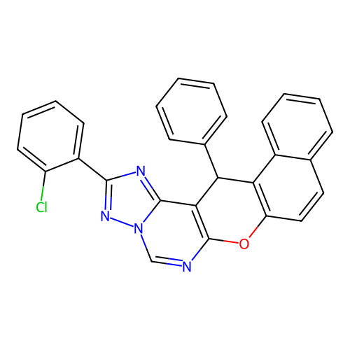 2-(2-chlorophenyl)-14-phenyl-14H-benzo[5,6]chromeno[3,2-e][1,2,4]triazolo[1,5-c]pyrimidine structure