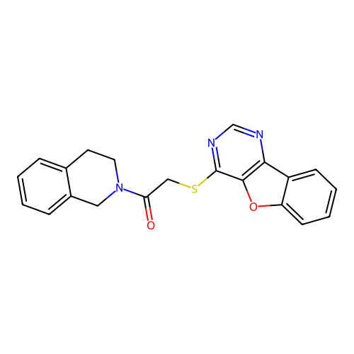 2-([1]benzofuro[3,2-d]pyrimidin-4-ylsulfanyl)-1-(3,4-dihydro-1H-isoquinolin-2-yl)ethanone structure