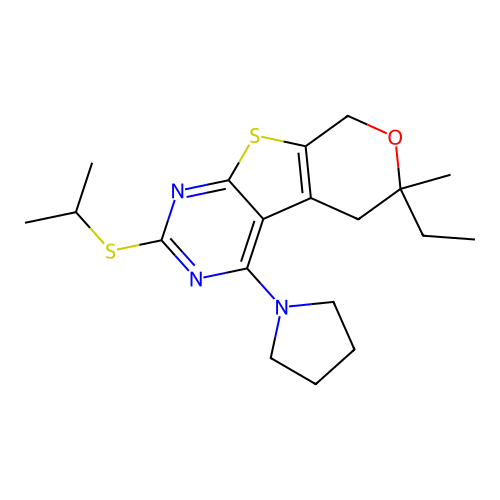 6-ethyl-2-(isopropylthio)-6-methyl-4-(pyrrolidin-1-yl)-6,8-dihydro-5H-pyrano[4',3':4,5]thieno[2,3-d]pyrimidine structure