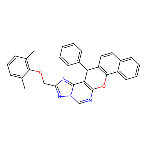 2-[(2,6-dimethylphenoxy)methyl]-14-phenyl-14H-benzo[7,8]chromeno[3,2-e][1,2,4]triazolo[1,5-c]pyrimidine structure
