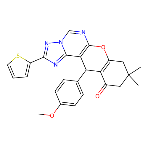 12-(4-methoxyphenyl)-9,9-dimethyl-2-(thiophen-2-yl)-8,9,10,12-tetrahydro-11H-chromeno[3,2-e][1,2,4]triazolo[1,5-c]pyrimidin-11-one structure