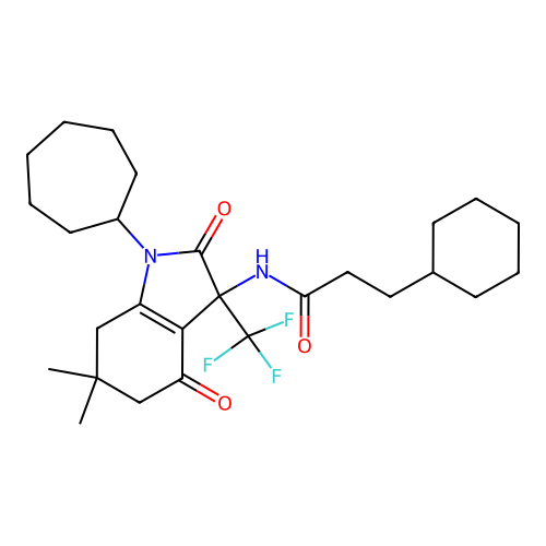 N-(1-cycloheptyl-6,6-dimethyl-2,4-dioxo-3-(trifluoromethyl)-2,3,4,5,6,7-hexahydro-1H-indol-3-yl)-3-cyclohexylpropanamide structure