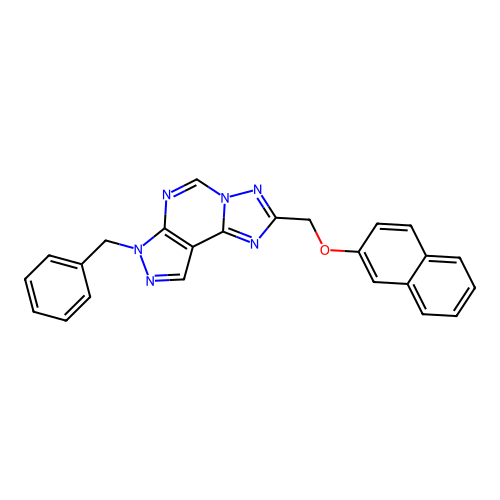 7-benzyl-2-((naphthalen-2-yloxy)methyl)-7H-pyrazolo[4,3-e][1,2,4]triazolo[1,5-c]pyrimidine structure