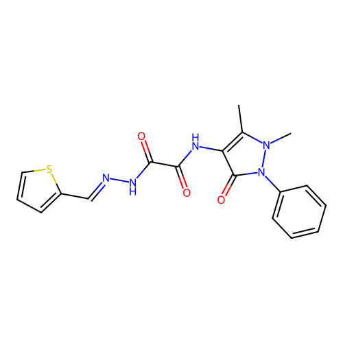 N-(1,5-dimethyl-3-oxo-2-phenylpyrazol-4-yl)-N'-[(E)-thiophen-2-ylmethylideneamino]oxamide structure