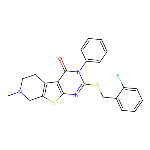 2-((2-fluorobenzyl)thio)-7-methyl-3-phenyl-5,6,7,8-tetrahydropyrido[4',3':4,5]thieno[2,3-d]pyrimidin-4(3H)-one structure