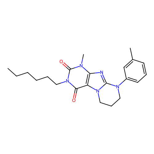 3-hexyl-1-methyl-9-(3-methylphenyl)-6,7,8,9-tetrahydropyrimido[2,1-f]purine-2,4(1H,3H)-dione structure