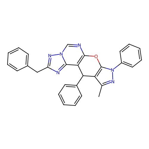 2-benzyl-10-methyl-8,11-diphenyl-8,11-dihydropyrazolo[4',3':5,6]pyrano[3,2-e][1,2,4]triazolo[1,5-c]pyrimidine structure