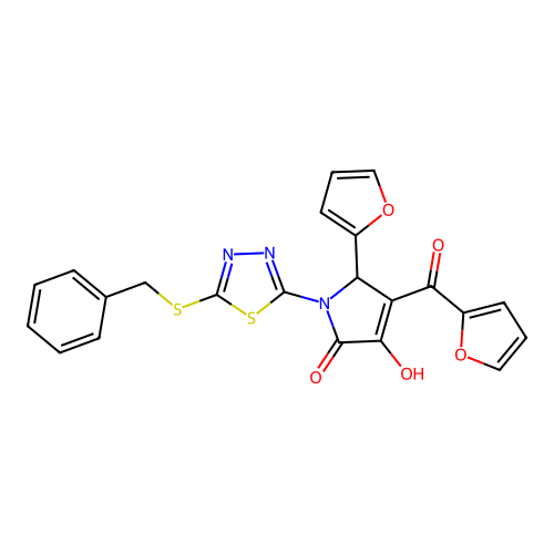 (4E)-1-[5-(benzylsulfanyl)-1,3,4-thiadiazol-2-yl]-5-(furan-2-yl)-4-[furan-2-yl(hydroxy)methylidene]pyrrolidine-2,3-dione structure