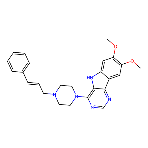 (E)-4-(4-cinnamylpiperazin-1-yl)-7,8-dimethoxy-5H-pyrimido[5,4-b]indole structure