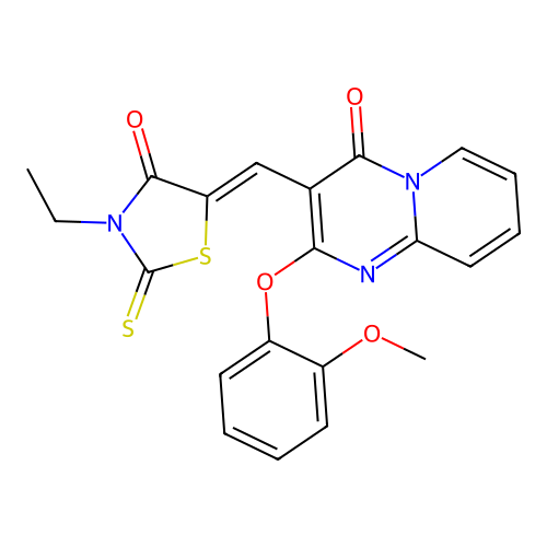3-[(Z)-(3-ethyl-4-oxo-2-thioxo-1,3-thiazolidin-5-ylidene)methyl]-2-(2-methoxyphenoxy)-4H-pyrido[1,2-a]pyrimidin-4-one structure