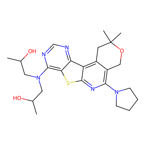 1,1'-((2,2-dimethyl-5-(pyrrolidin-1-yl)-2,4-dihydro-1H-pyrano[4'',3'':4',5']pyrido[3',2':4,5]thieno[3,2-d]pyrimidin-8-yl)azanediyl)bis(propan-2-ol) structure