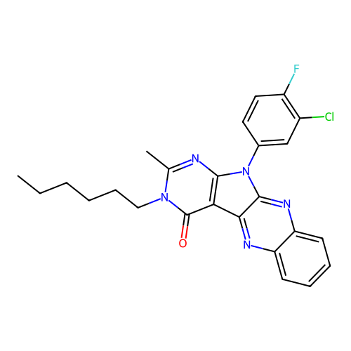 11-(3-chloro-4-fluorophenyl)-3-hexyl-2-methyl-3,11-dihydro-4H-pyrimido[5',4':4,5]pyrrolo[2,3-b]quinoxalin-4-one structure