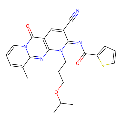 (E)-N-(3-cyano-1-(3-isopropoxypropyl)-10-methyl-5-oxo-1H-dipyrido[1,2-a:2',3'-d]pyrimidin-2(5H)-ylidene)thiophene-2-carboxamide structure