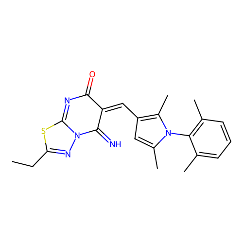 (6E)-6-[[1-(2,6-dimethylphenyl)-2,5-dimethylpyrrol-3-yl]methylidene]-2-ethyl-5-imino-[1,3,4]thiadiazolo[3,2-a]pyrimidin-7-one structure