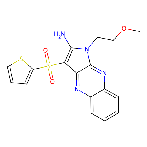 1-(2-methoxyethyl)-3-(thiophen-2-ylsulfonyl)-1H-pyrrolo[2,3-b]quinoxalin-2-amine structure