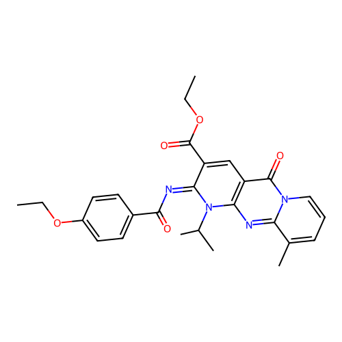 (Z)-ethyl 2-((4-ethoxybenzoyl)imino)-1-isopropyl-10-methyl-5-oxo-2,5-dihydro-1H-dipyrido[1,2-a:2',3'-d]pyrimidine-3-carboxylate structure