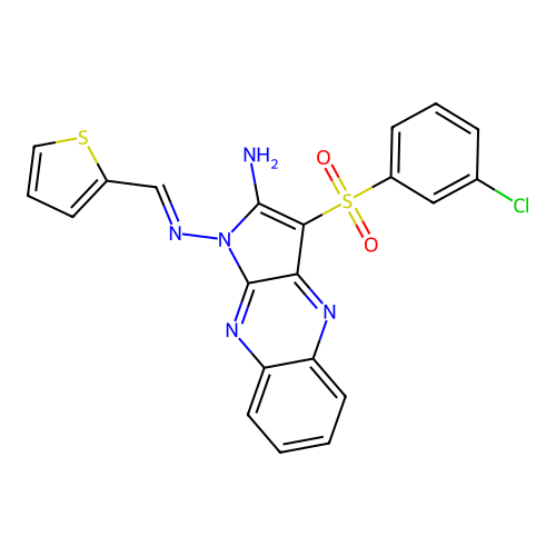 (E)-3-((3-chlorophenyl)sulfonyl)-N1-(thiophen-2-ylmethylene)-1H-pyrrolo[2,3-b]quinoxaline-1,2-diamine structure