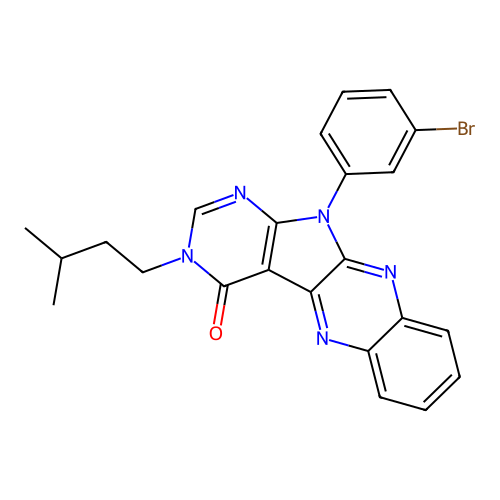 11-(3-bromophenyl)-3-(3-methylbutyl)-3,11-dihydro-4H-pyrimido[5',4':4,5]pyrrolo[2,3-b]quinoxalin-4-one structure