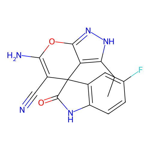 6'-amino-3'-ethyl-5-fluoro-2-oxo-1'H-spiro[indoline-3,4'-pyrano[2,3-c]pyrazole]-5'-carbonitrile structure