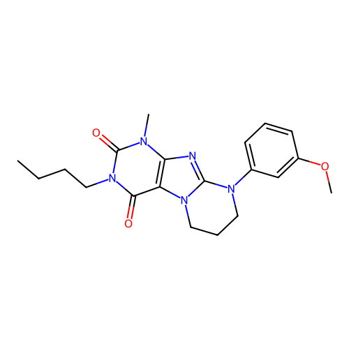 3-butyl-9-(3-methoxyphenyl)-1-methyl-6,7,8,9-tetrahydropyrimido[2,1-f]purine-2,4(1H,3H)-dione structure