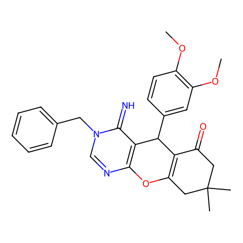 3-benzyl-5-(3,4-dimethoxyphenyl)-4-imino-8,8-dimethyl-3,4,5,7,8,9-hexahydro-6H-chromeno[2,3-d]pyrimidin-6-one structure