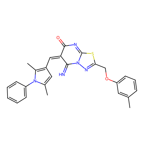 (E)-6-((2,5-dimethyl-1-phenyl-1H-pyrrol-3-yl)methylene)-5-imino-2-((m-tolyloxy)methyl)-5H-[1,3,4]thiadiazolo[3,2-a]pyrimidin-7(6H)-one structure