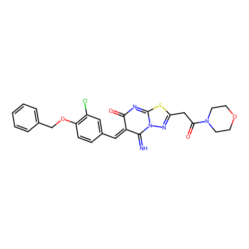 (6Z)-6-[(3-chloro-4-phenylmethoxyphenyl)methylidene]-5-imino-2-(2-morpholin-4-yl-2-oxoethyl)-[1,3,4]thiadiazolo[3,2-a]pyrimidin-7-one structure