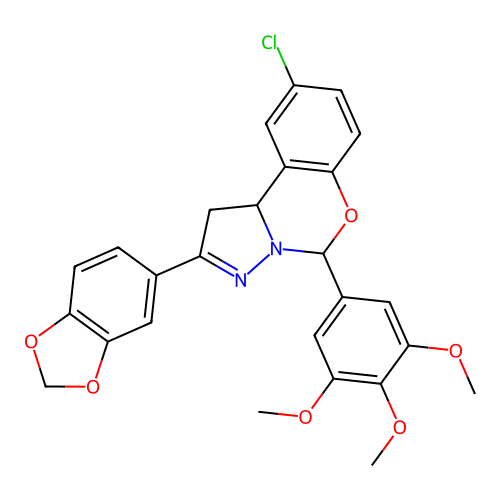 2-(1,3-benzodioxol-5-yl)-9-chloro-5-(3,4,5-trimethoxyphenyl)-1,10b-dihydropyrazolo[1,5-c][1,3]benzoxazine structure
