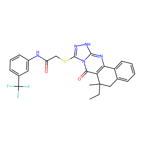2-((6-ethyl-6-methyl-7-oxo-5,6,7,12-tetrahydrobenzo[h][1,2,4]triazolo[3,4-b]quinazolin-9-yl)thio)-N-(3-(trifluoromethyl)phenyl)acetamide structure