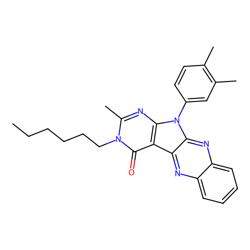 11-(3,4-dimethylphenyl)-3-hexyl-2-methyl-3,11-dihydro-4H-pyrimido[5',4':4,5]pyrrolo[2,3-b]quinoxalin-4-one structure