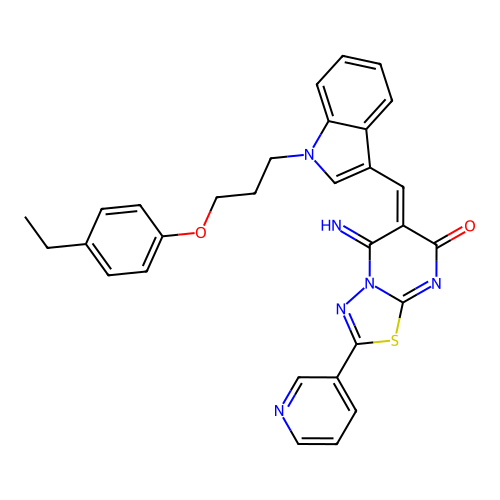 (E)-6-((1-(3-(4-ethylphenoxy)propyl)-1H-indol-3-yl)methylene)-5-imino-2-(pyridin-3-yl)-5H-[1,3,4]thiadiazolo[3,2-a]pyrimidin-7(6H)-one structure