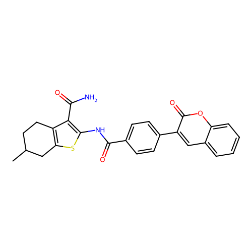 6-methyl-2-({[4-(2-oxo-2H-chromen-3-yl)phenyl]carbonyl}amino)-4,5,6,7-tetrahydro-1-benzothiophene-3-carboxamide structure