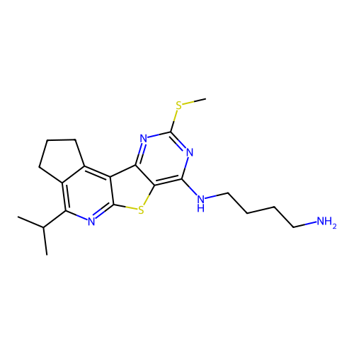 N-[9-(methylsulfanyl)-4-(propan-2-yl)-2,3-dihydro-1H-cyclopenta[4',5']pyrido[3',2':4,5]thieno[3,2-d]pyrimidin-7-yl]butane-1,4-diamine structure