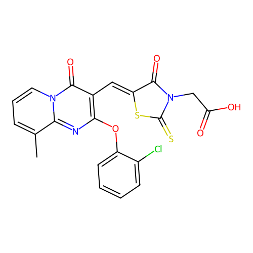 [(5Z)-5-{[2-(2-chlorophenoxy)-9-methyl-4-oxo-4H-pyrido[1,2-a]pyrimidin-3-yl]methylidene}-4-oxo-2-thioxo-1,3-thiazolidin-3-yl]acetic acid structure
