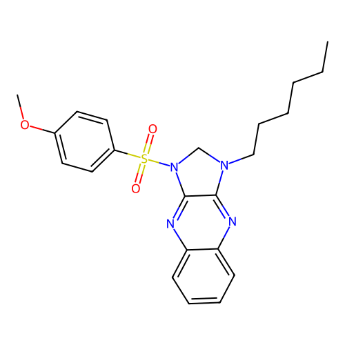 1-hexyl-3-((4-methoxyphenyl)sulfonyl)-2,3-dihydro-1H-imidazo[4,5-b]quinoxaline structure