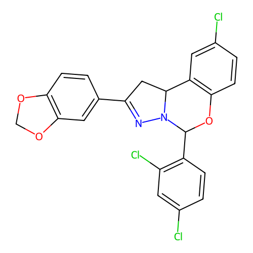 2-(1,3-benzodioxol-5-yl)-9-chloro-5-(2,4-dichlorophenyl)-1,10b-dihydropyrazolo[1,5-c][1,3]benzoxazine structure
