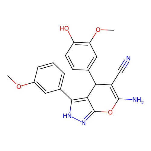 6-amino-4-(4-hydroxy-3-methoxyphenyl)-3-(3-methoxyphenyl)-2,4-dihydropyrano[2,3-c]pyrazole-5-carbonitrile structure