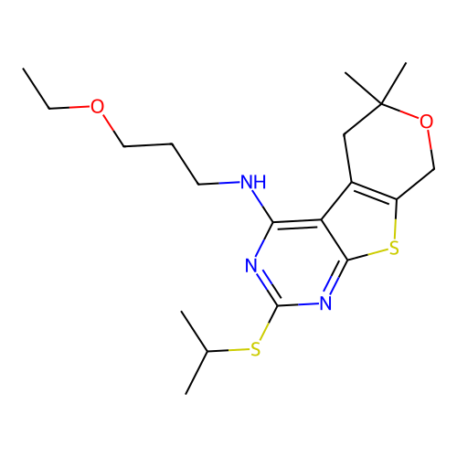 N-(3-ethoxypropyl)-2-(isopropylthio)-6,6-dimethyl-6,8-dihydro-5H-pyrano[4',3':4,5]thieno[2,3-d]pyrimidin-4-amine structure