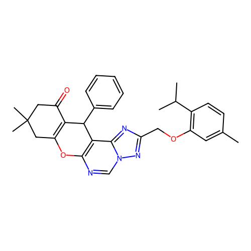 9,9-dimethyl-2-{[5-methyl-2-(propan-2-yl)phenoxy]methyl}-12-phenyl-8,9,10,12-tetrahydro-11H-chromeno[3,2-e][1,2,4]triazolo[1,5-c]pyrimidin-11-one structure